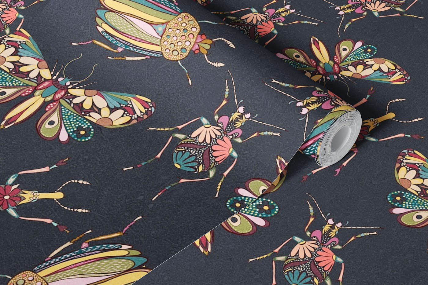 Floral Boho Bugs and Butterflies • Black wallpaper roll