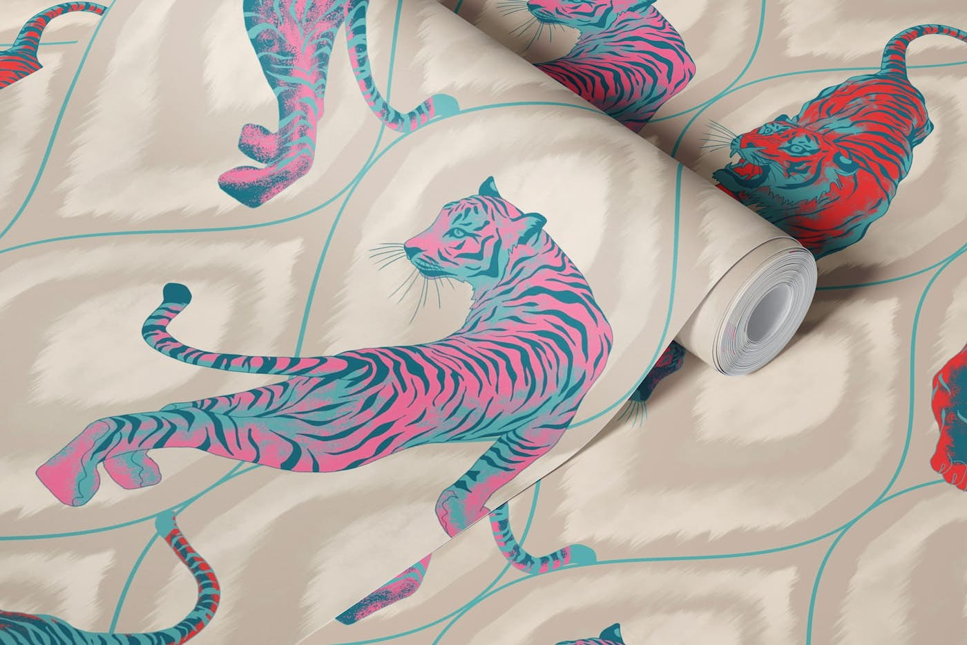 Tiger Spirit - beige & pink & red orange wallpaper roll