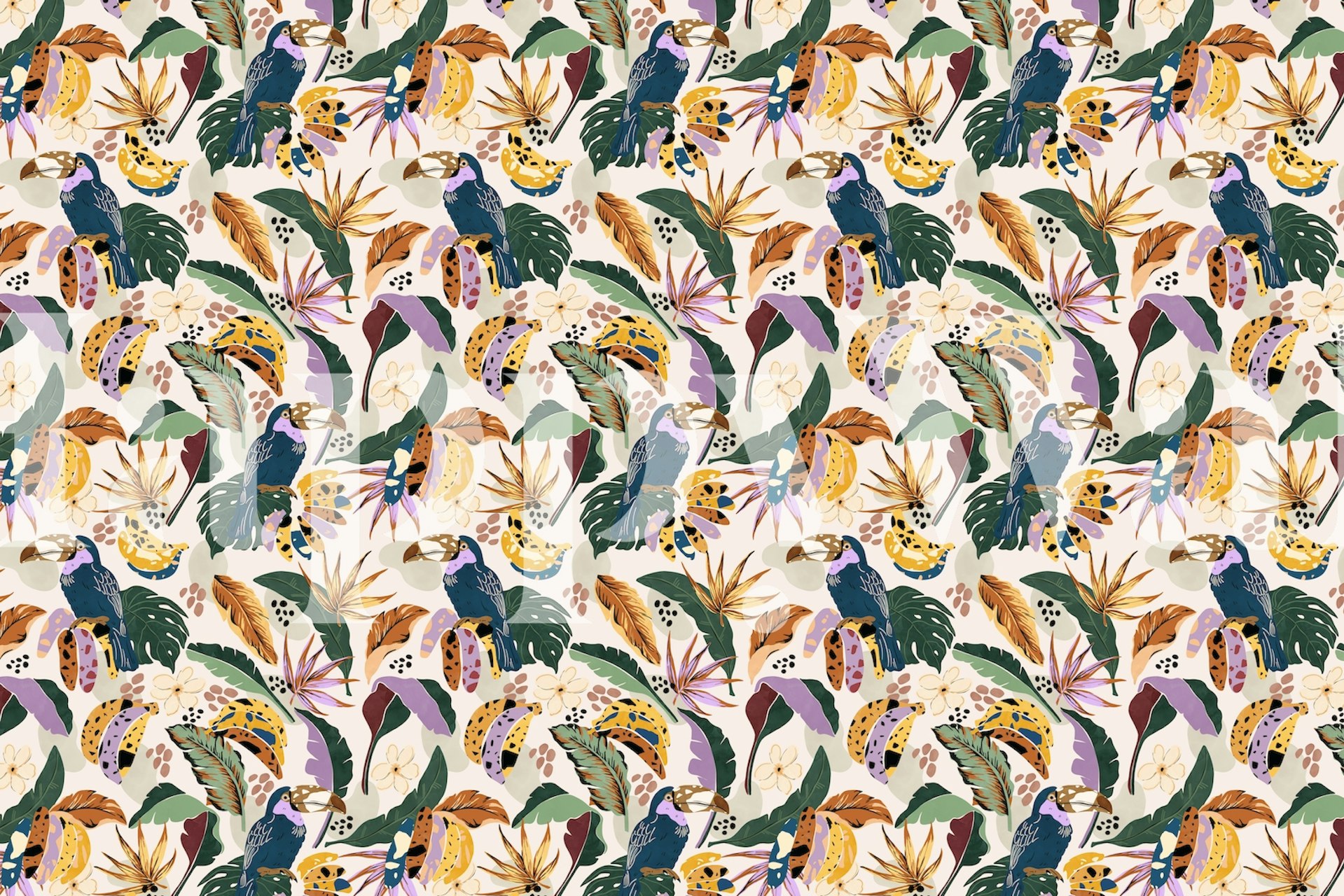 Colorful toucans among tropical leaves and flowers wallpaper