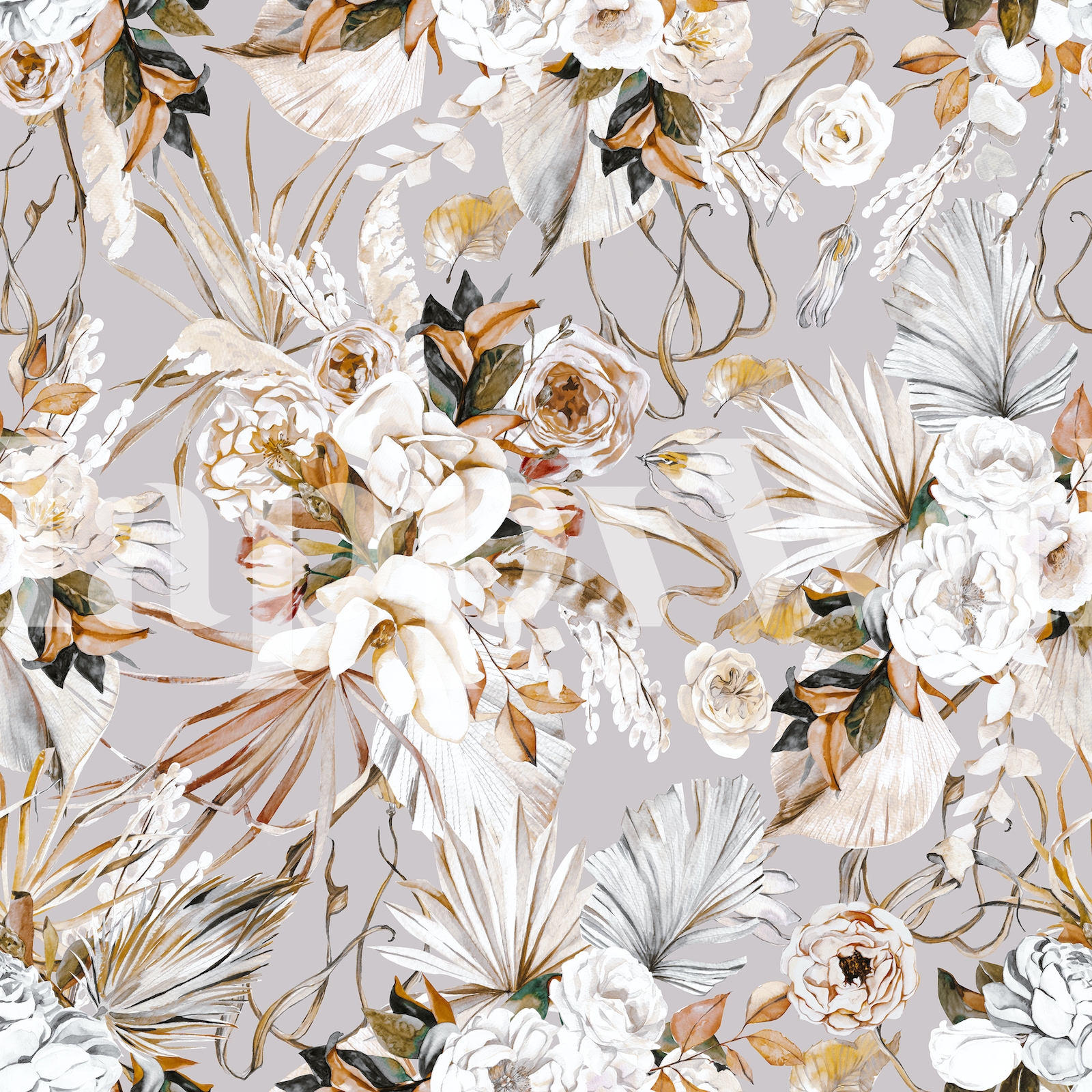 Floral Boho Wallpaper in Beige and White