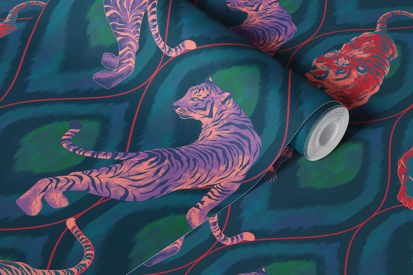 Tiger Spirit - blue & red & violet wallpaper roll