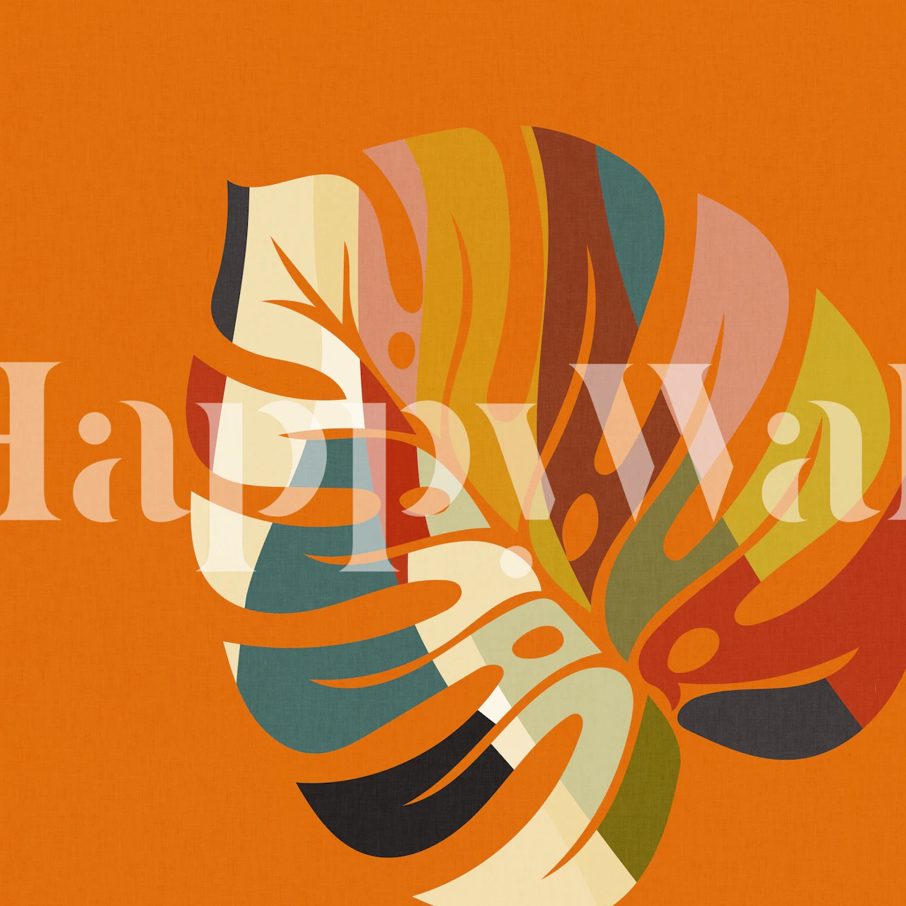 Wandgemälde im Monstera-Blatt-Stil im Mid-Century-Modern-Stil in warmen Erdtönen