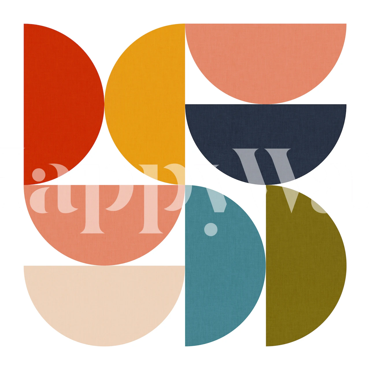 Colorful geometric shapes including half circles in red, orange, pink, yellow, navy, blue, olive green, and beige wallpaper