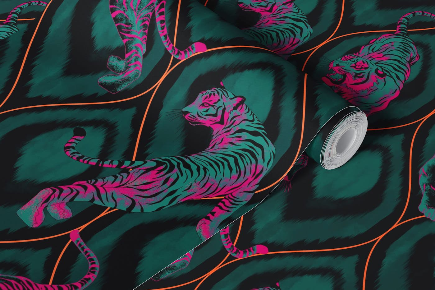 Tiger Spirit - black & teal & pink wallpaper roll