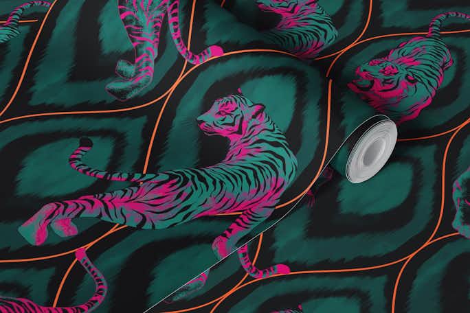 Tiger Spirit - black & teal & pinkwallpaper roll