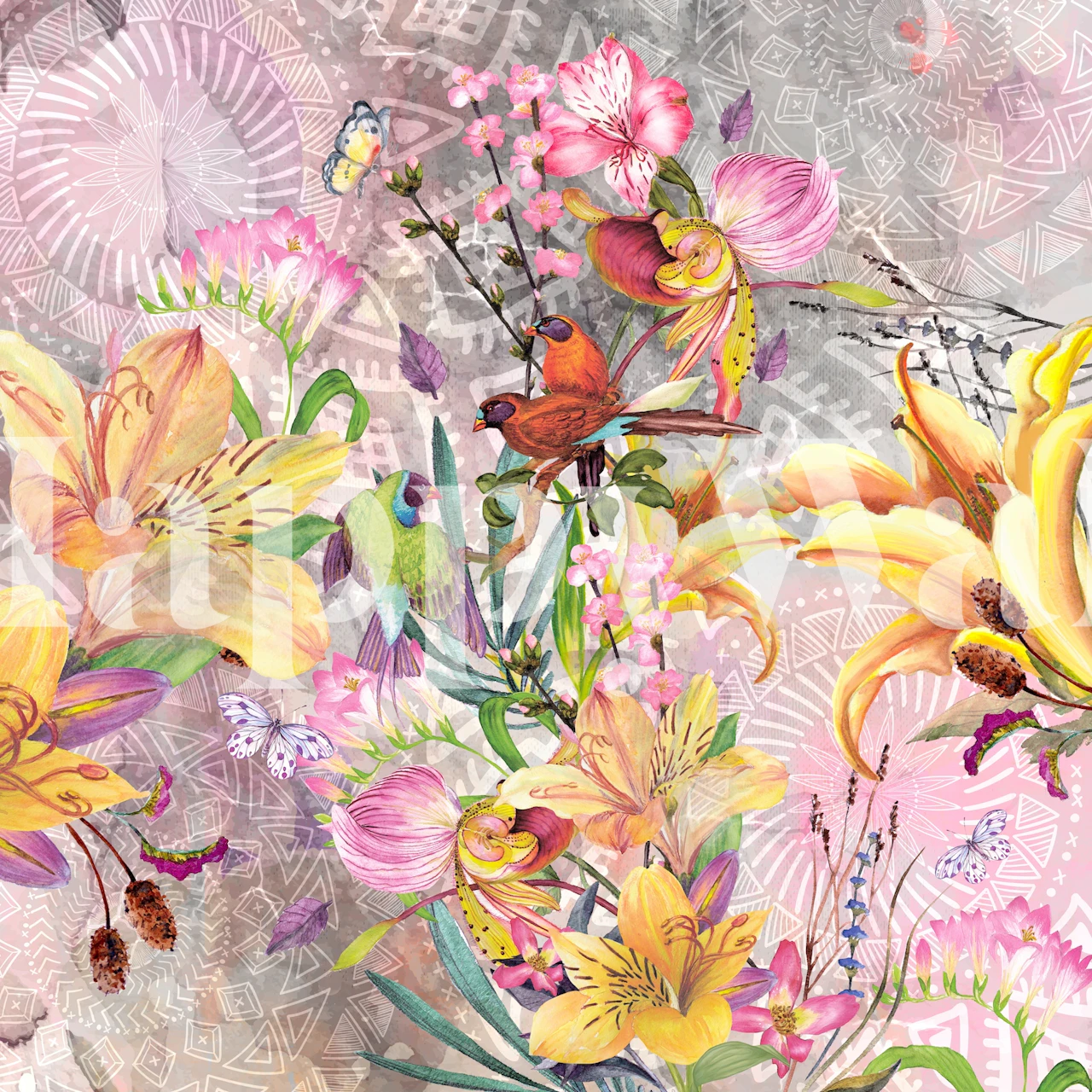 Naturmotiv-Tapete mit Mandalas, Blumen und Schmetterlingen auf strukturiertem Hintergrund