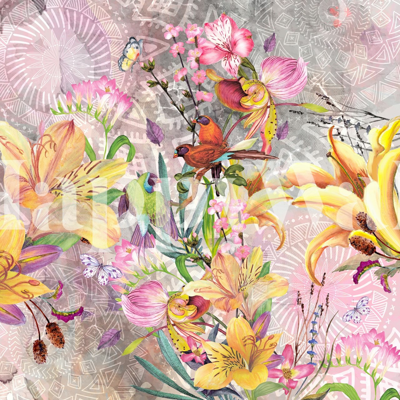 Veggmaleri med naturtema med mandalaer, blomster og sommerfugler på en teksturert bakgrunn