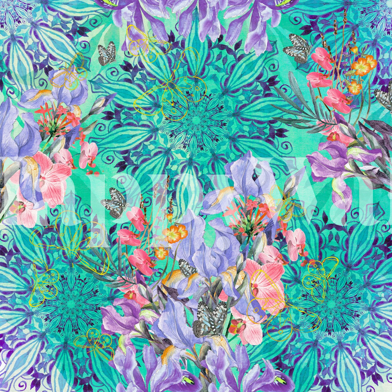 Nature among blue mandalas Tapete in einem Raum