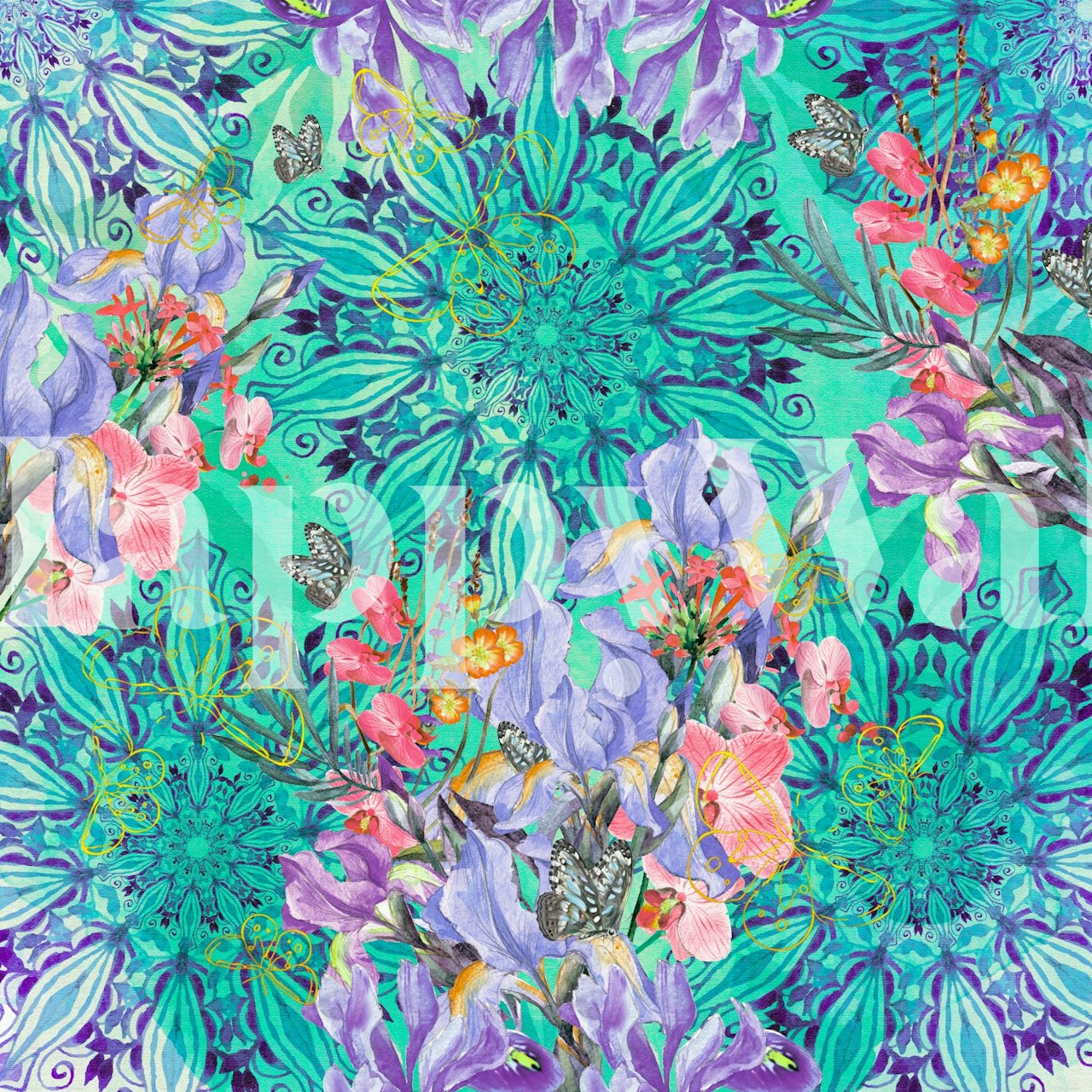 Nature among blue mandalas Tapete in einem Raum