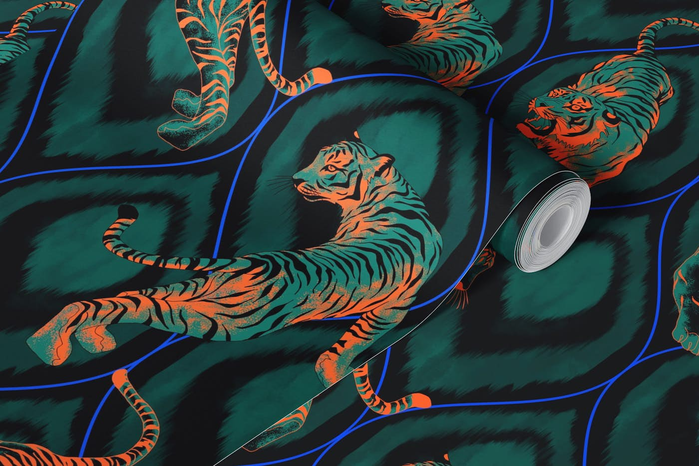 Tiger Spirit - black & teal & orange wallpaper roll