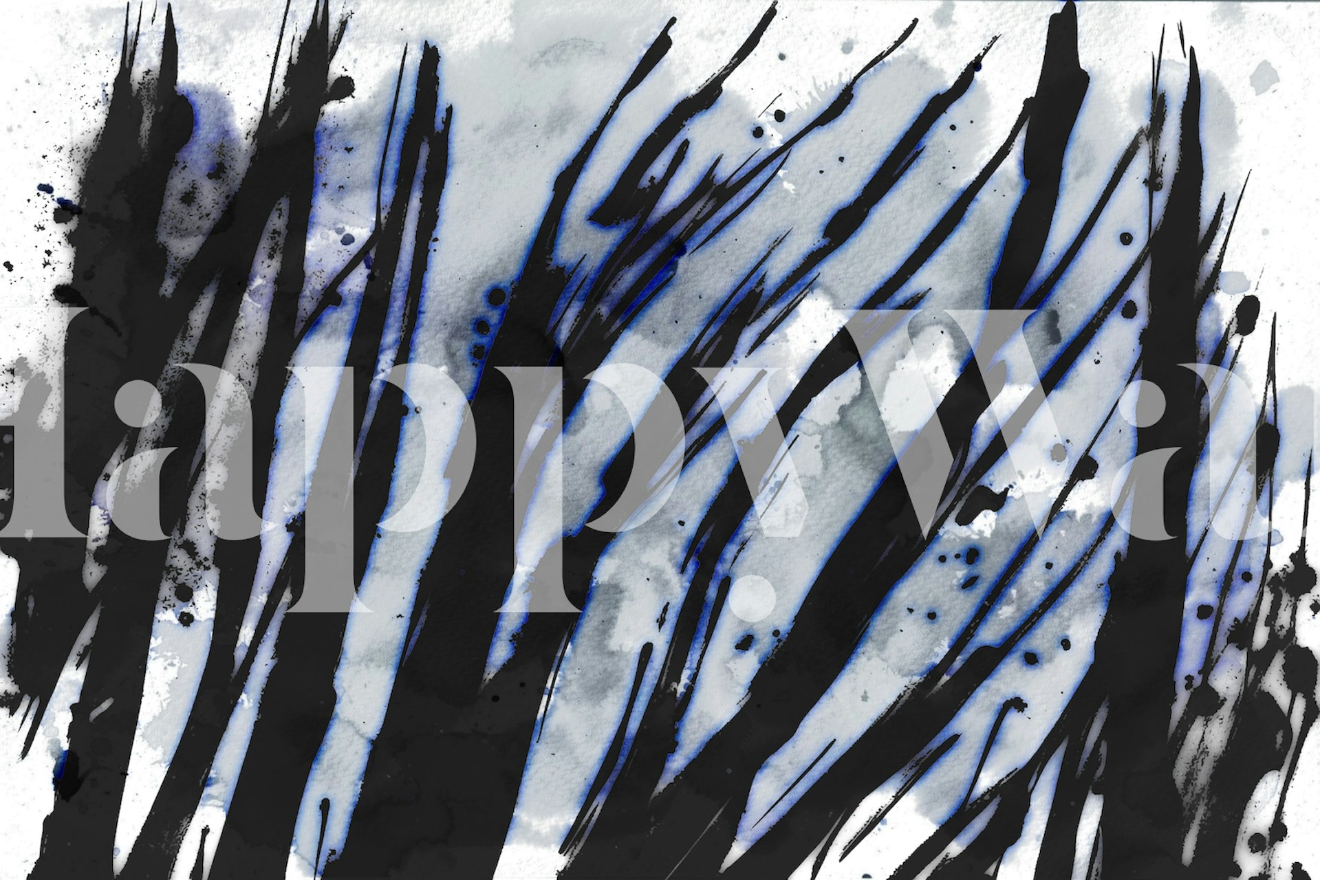 Akvarelli Grunge Stripes -seinämaalaus, jossa on abstrakteja sinisiä ja mustia raitoja valkoisella pohjalla