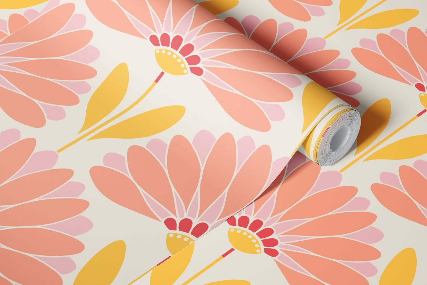 Peach and Yellow Daisy - Large wallpaper roll