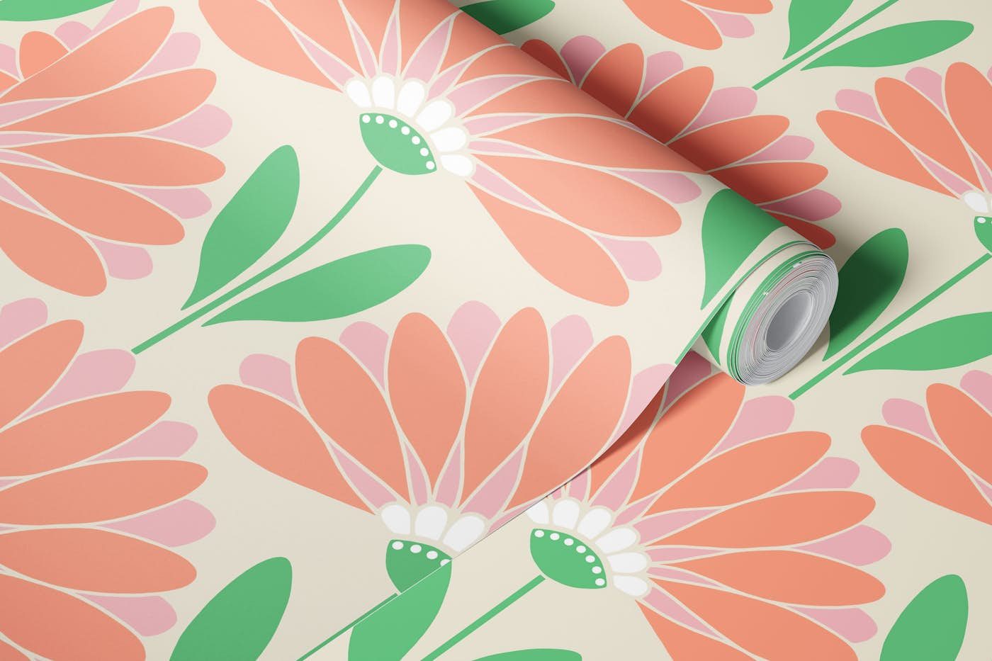 Pink Peach and Green Daisy - Large wallpaper roll