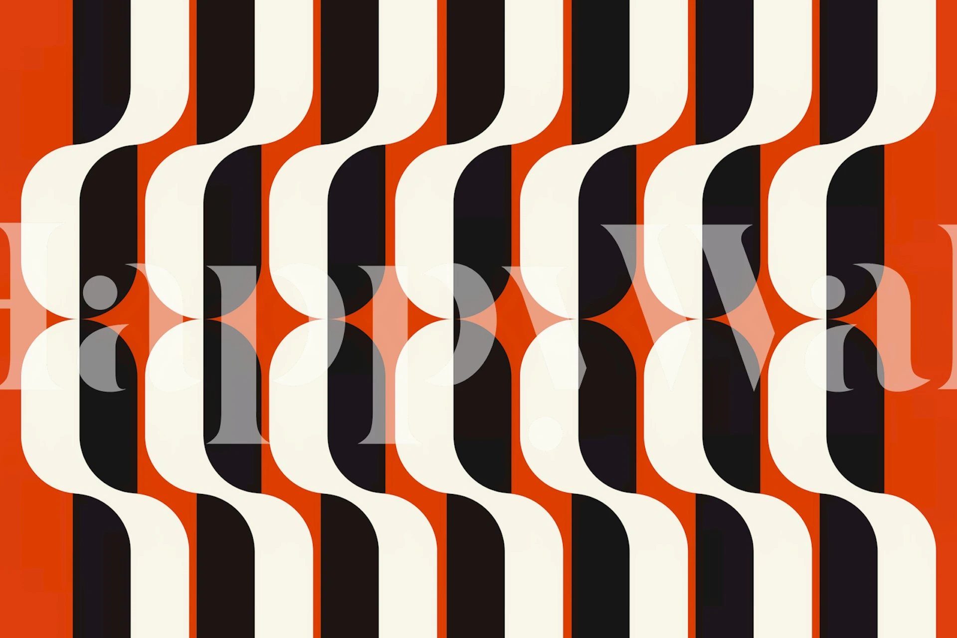 Geometric wave pattern in orange, black, and cream wallpaper