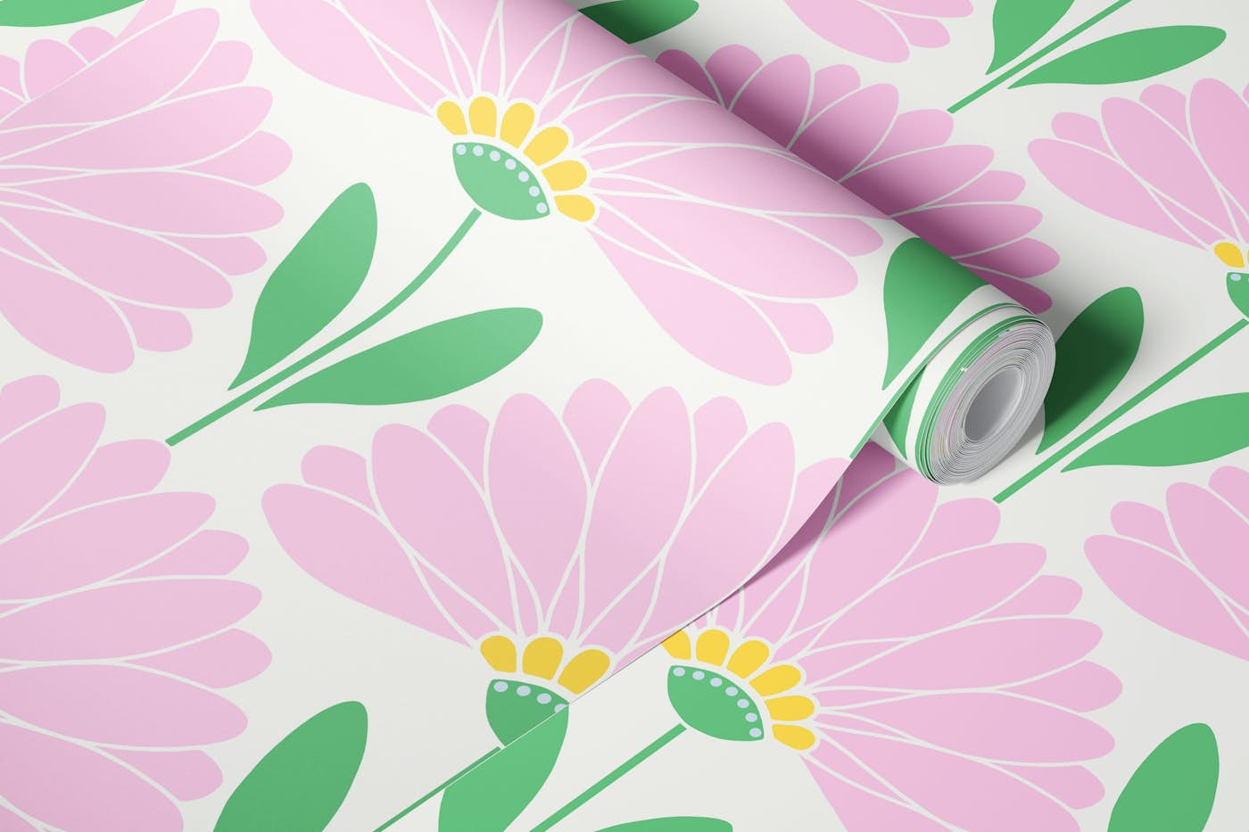 Pink and Green Daisy - Large wallpaper roll