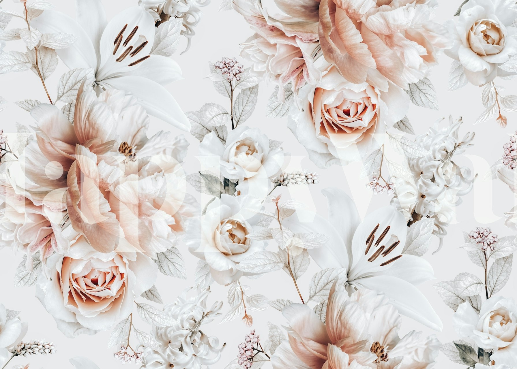 Pink floral wallpaper with roses and lilies in soft tones