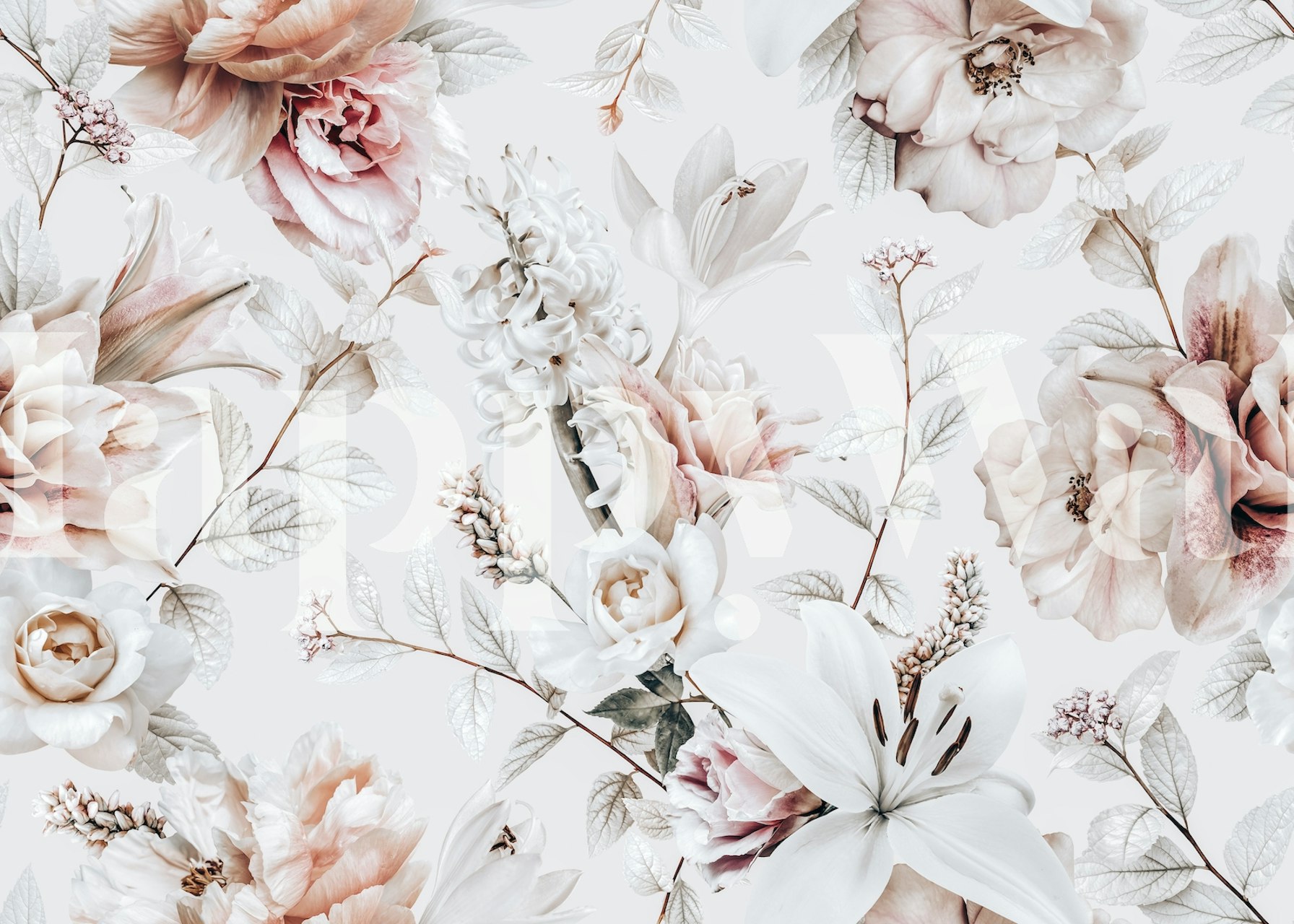 Floral patterns with pink roses and white lilies on a soft background wallpaper