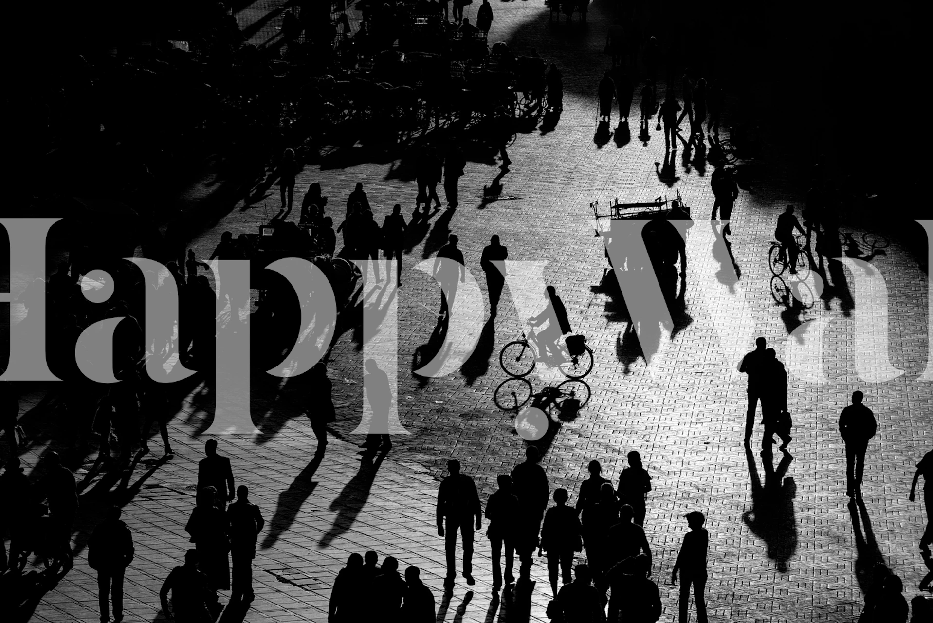 Black and white street scene with silhouettes of people and objects wallpaper
