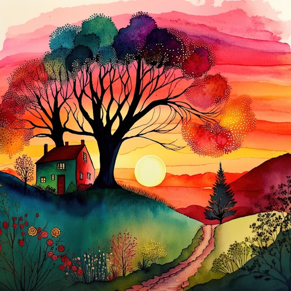 Watercolor Folk Art Sunset