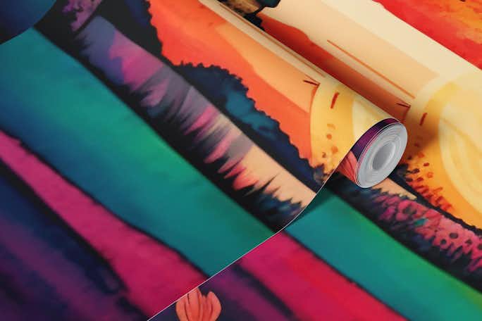 Watercolor Folk Art Sunset #2wallpaper roll