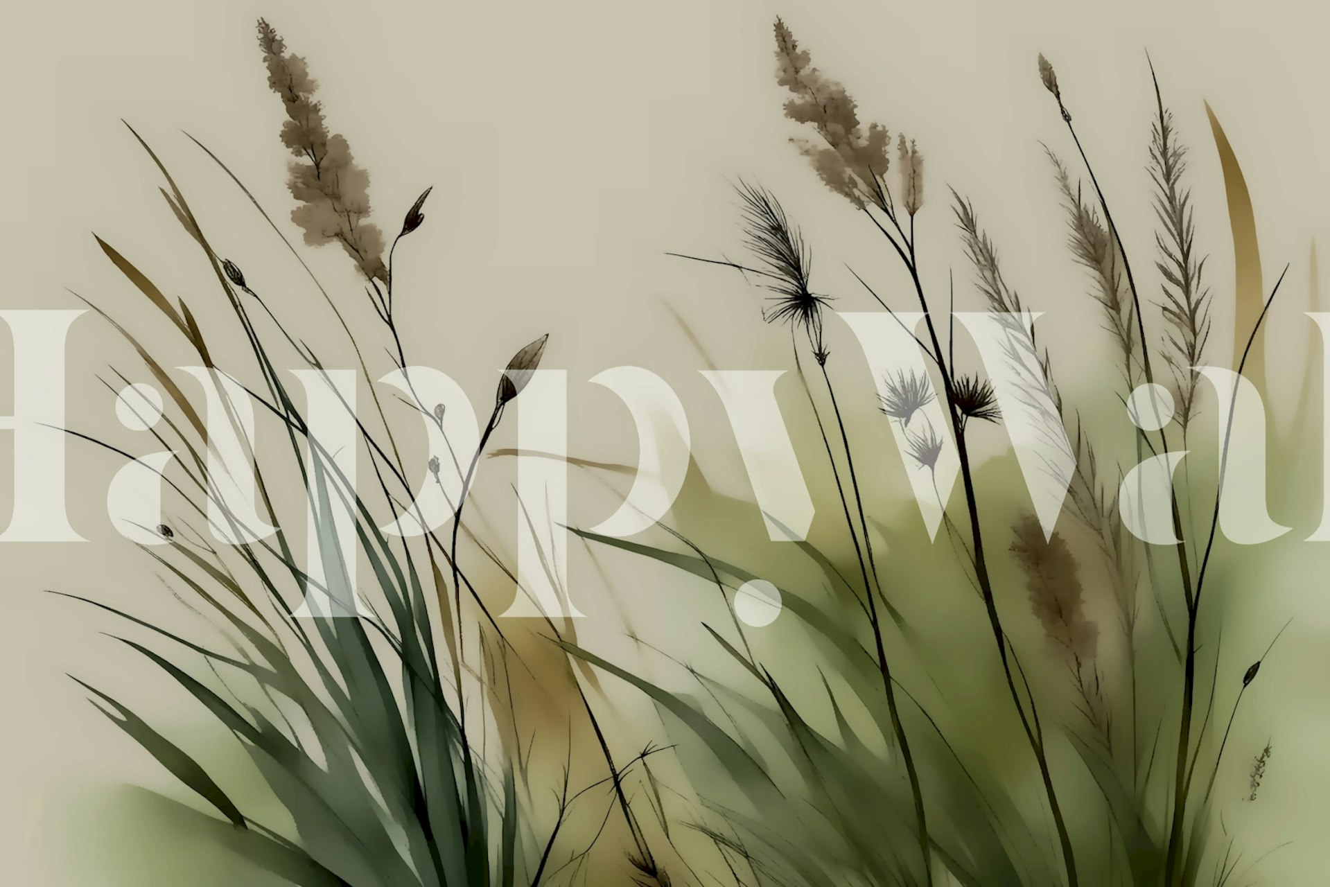 Beige en groene schaduw van bloemen en grassen wallpaper