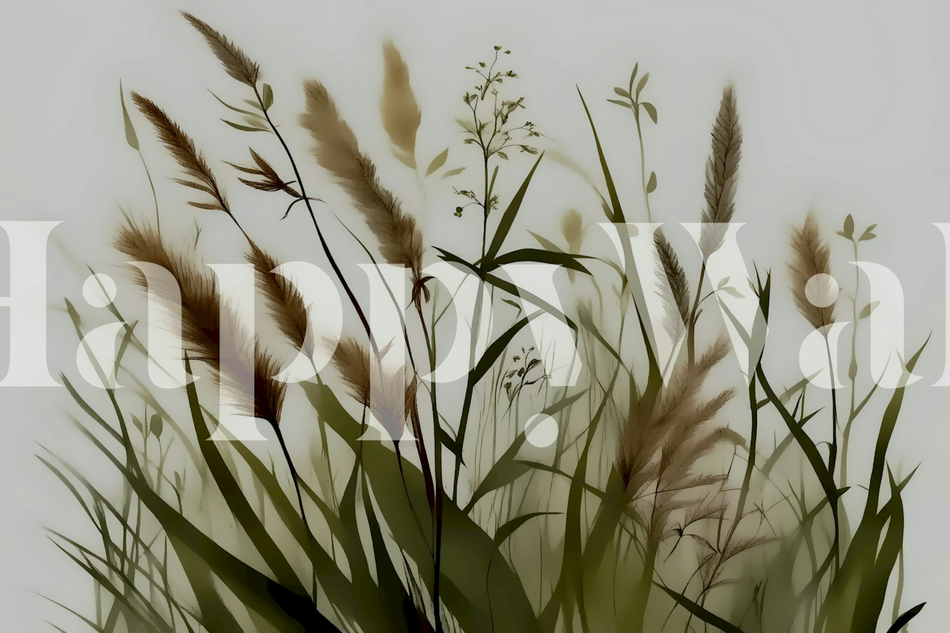 Floral green grass wallpaper with soft hues in Japandi style