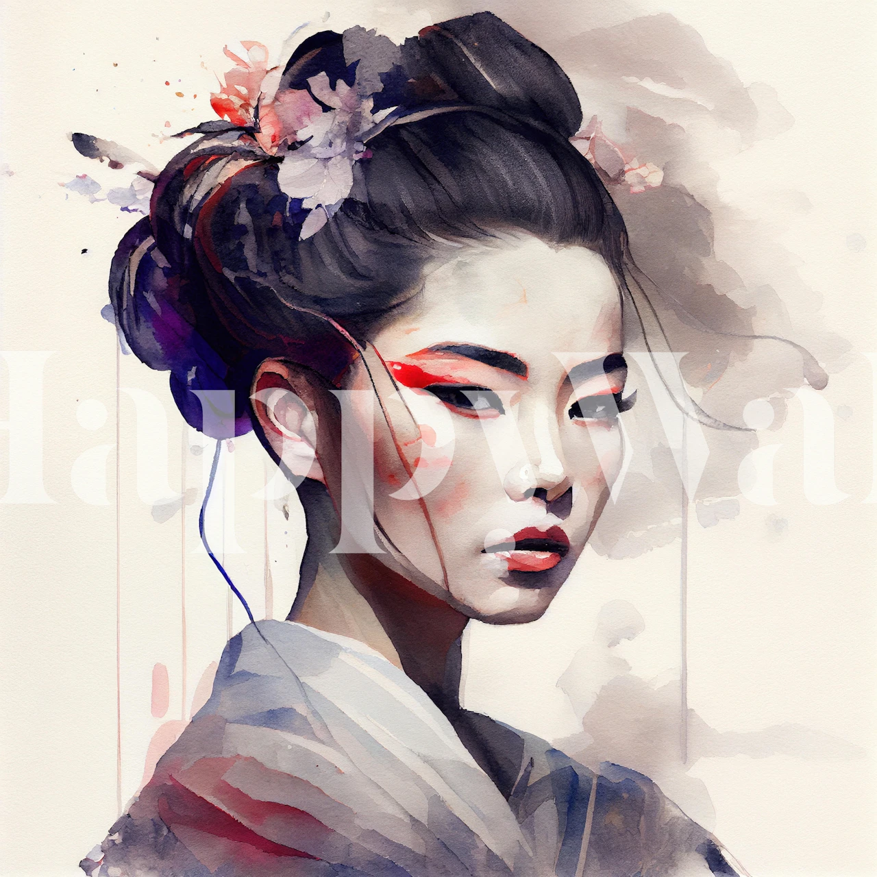 Watercolor Modern Geisha wallpaper in a room
