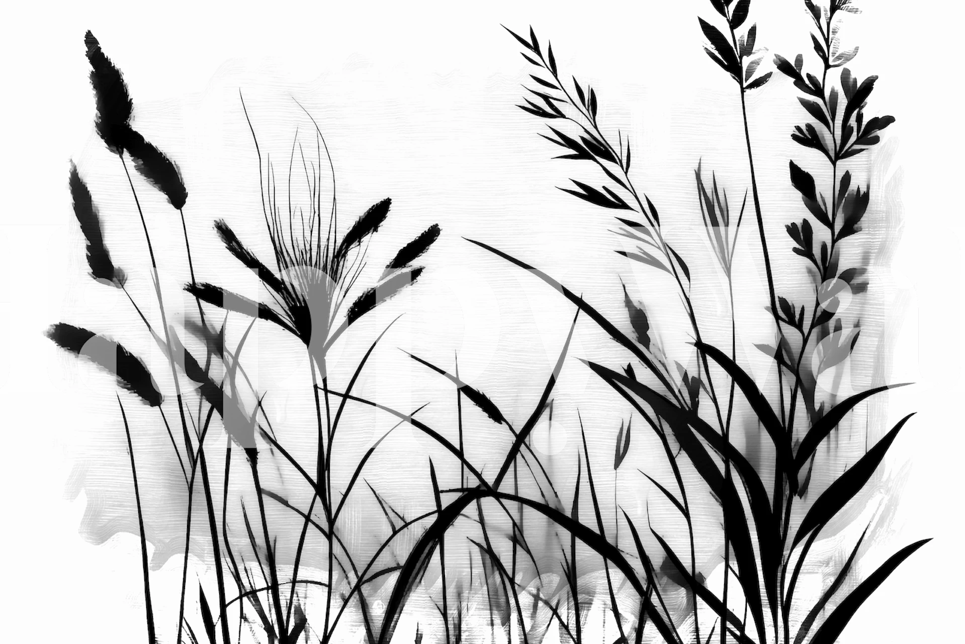 Black flowers and grass silhouettes on white background wallpaper