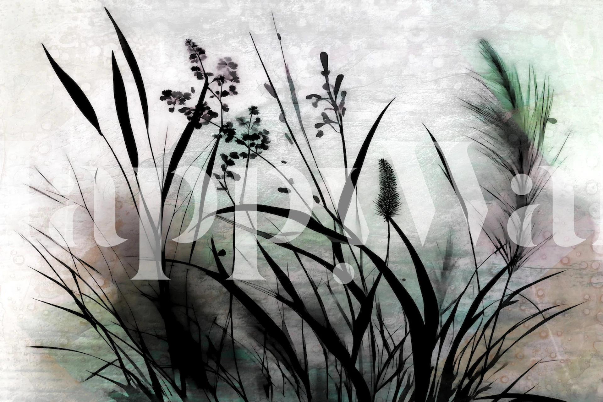 Silhouettes of wildflowers and grasses in black on a soft pastel background wallpaper