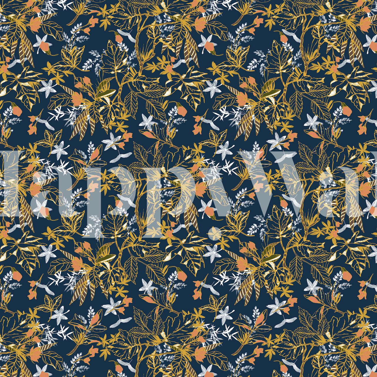 Navy floral wallpaper with orange and white flowers and leaves