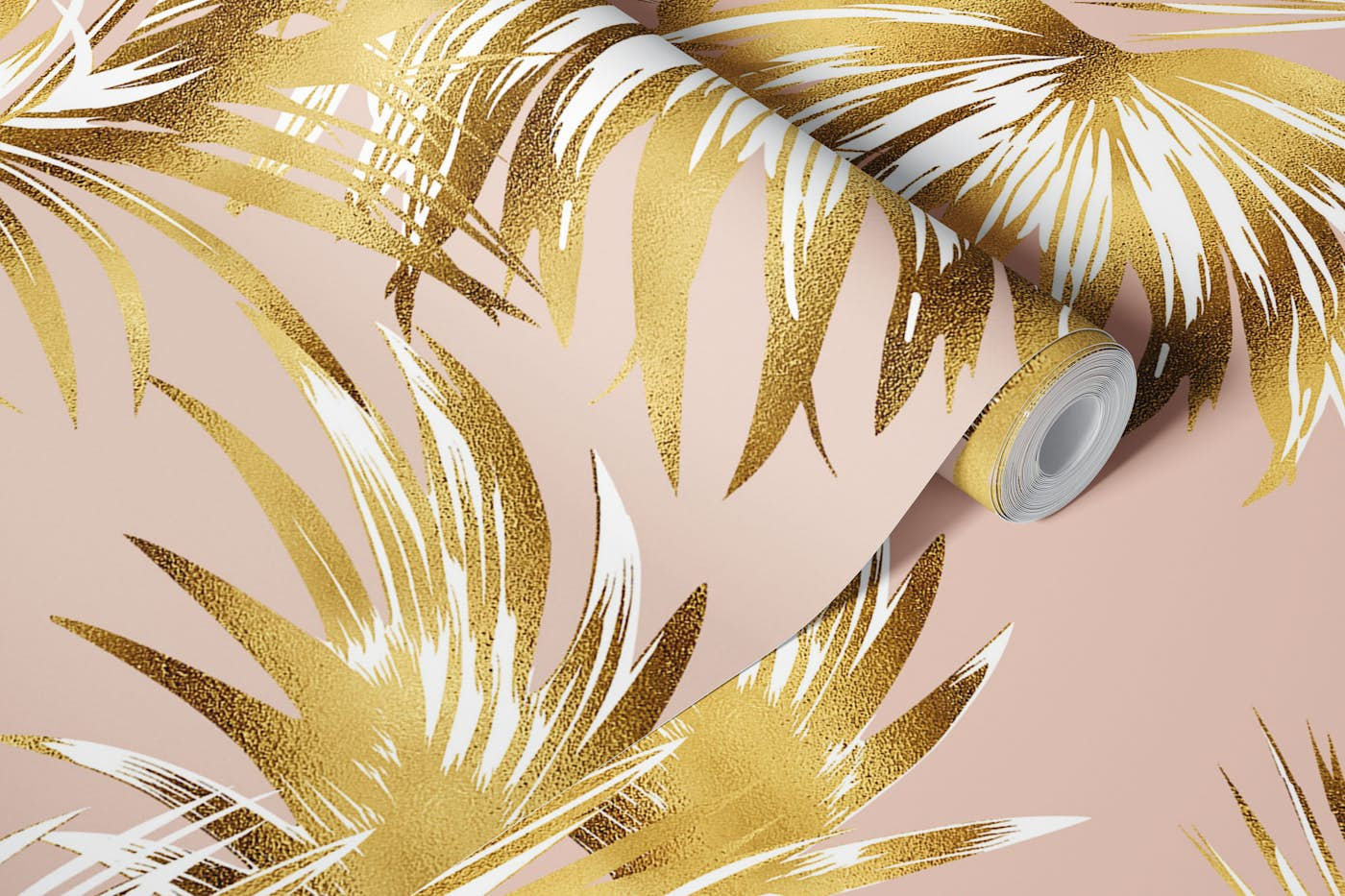 Golden palm leaf and pink wallpaper roll