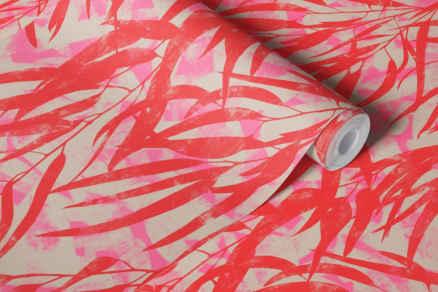 Abstract leaves - red orange & pink wallpaper roll