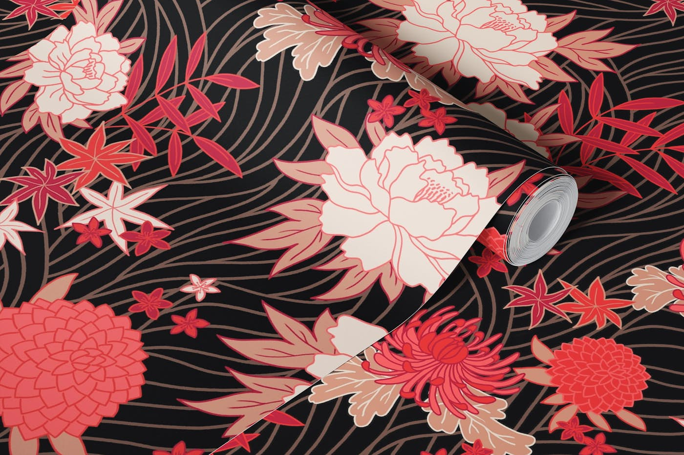 Asian blooms - black & red wallpaper roll