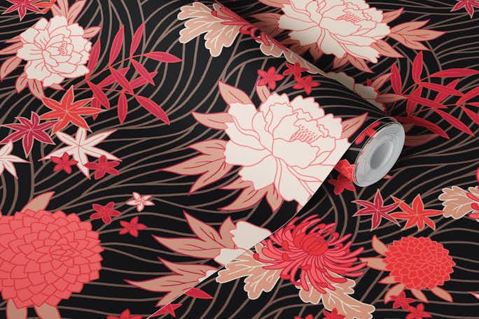 Asian blooms - black & redwallpaper roll