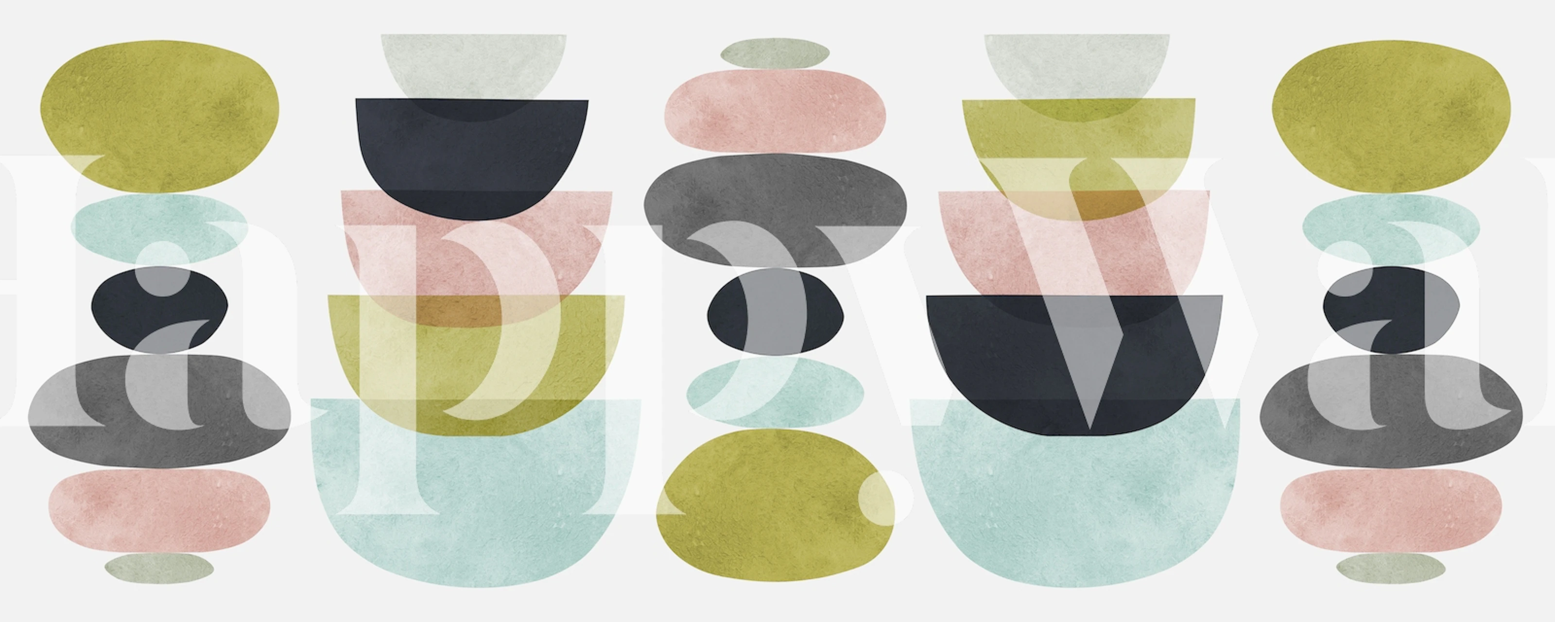 Abstract layered shapes in soft greens, pinks, and grays. Boho wallpaper.