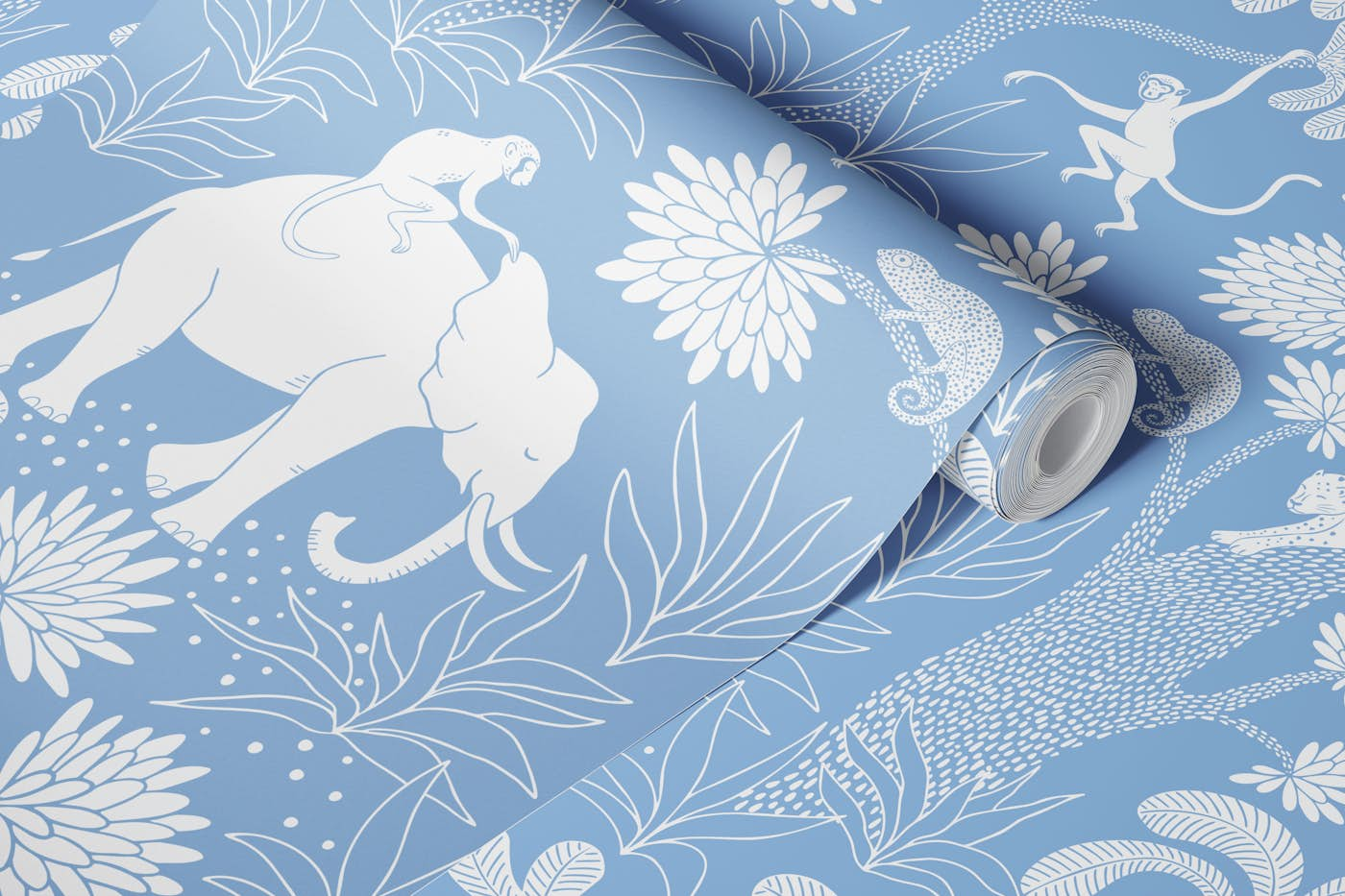 Elephant Jungle - blue wallpaper roll