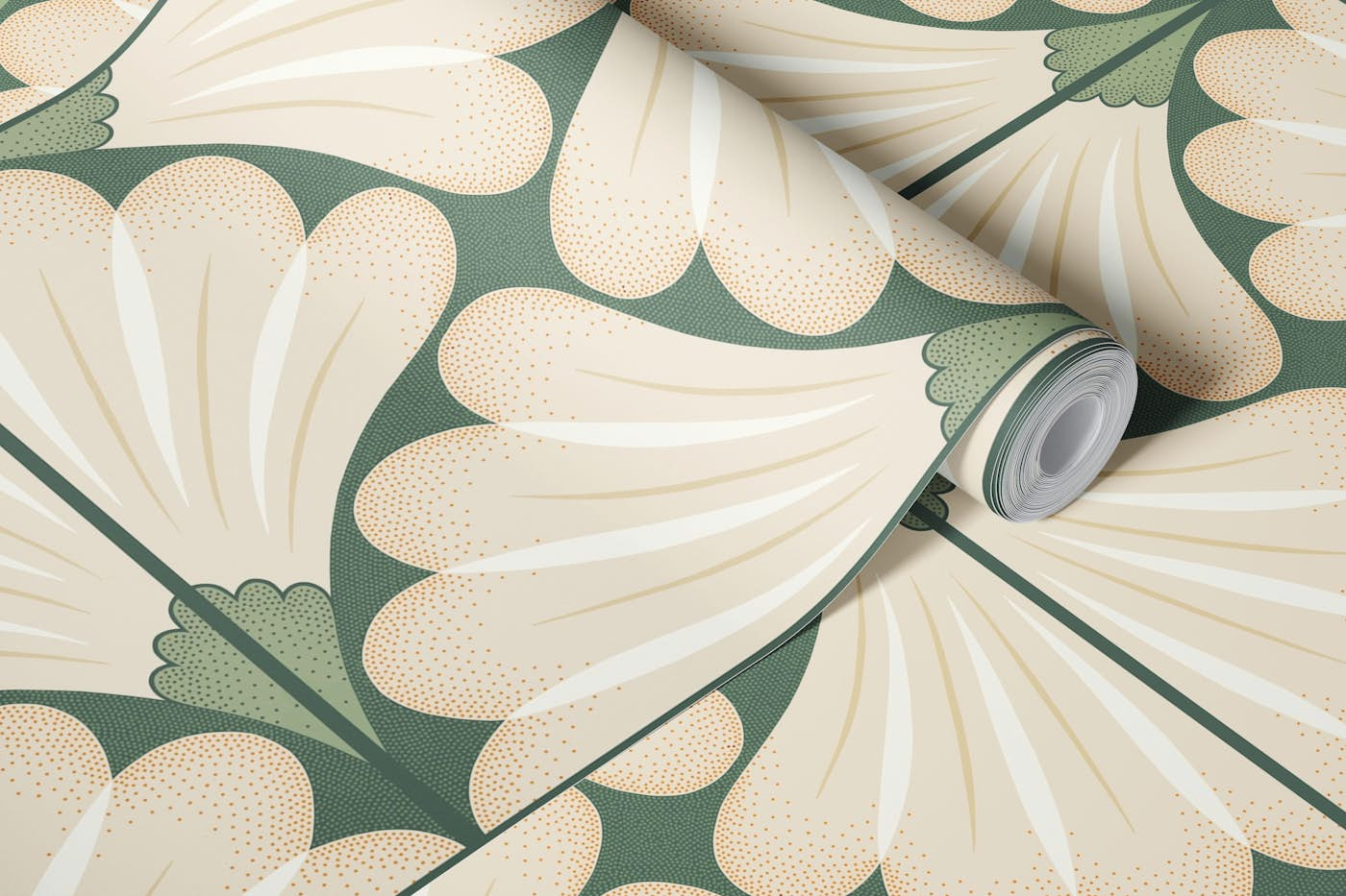 Flower tiles green offwhite wallpaper roll