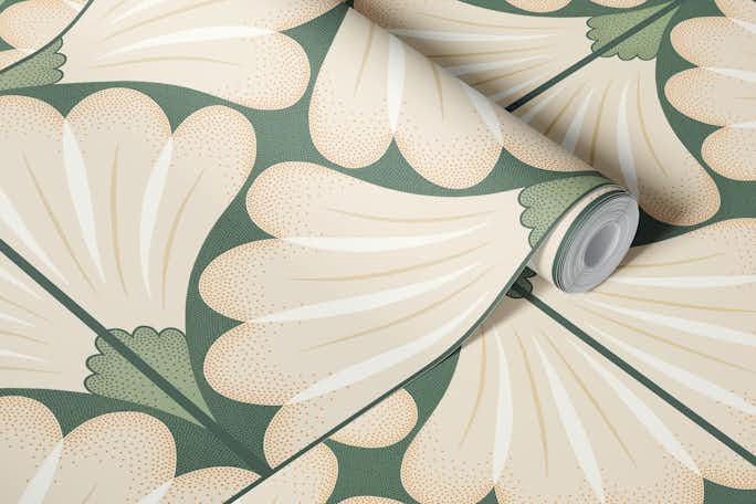 Flower tiles green offwhitewallpaper roll