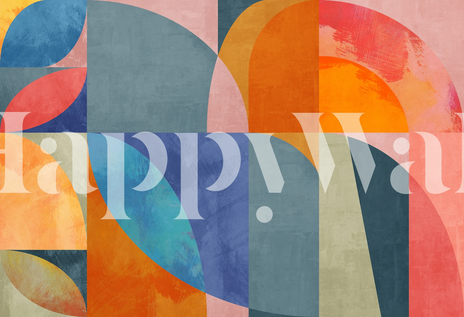 Colorful geometric shapes in blue, orange, pink, and green wallpaper