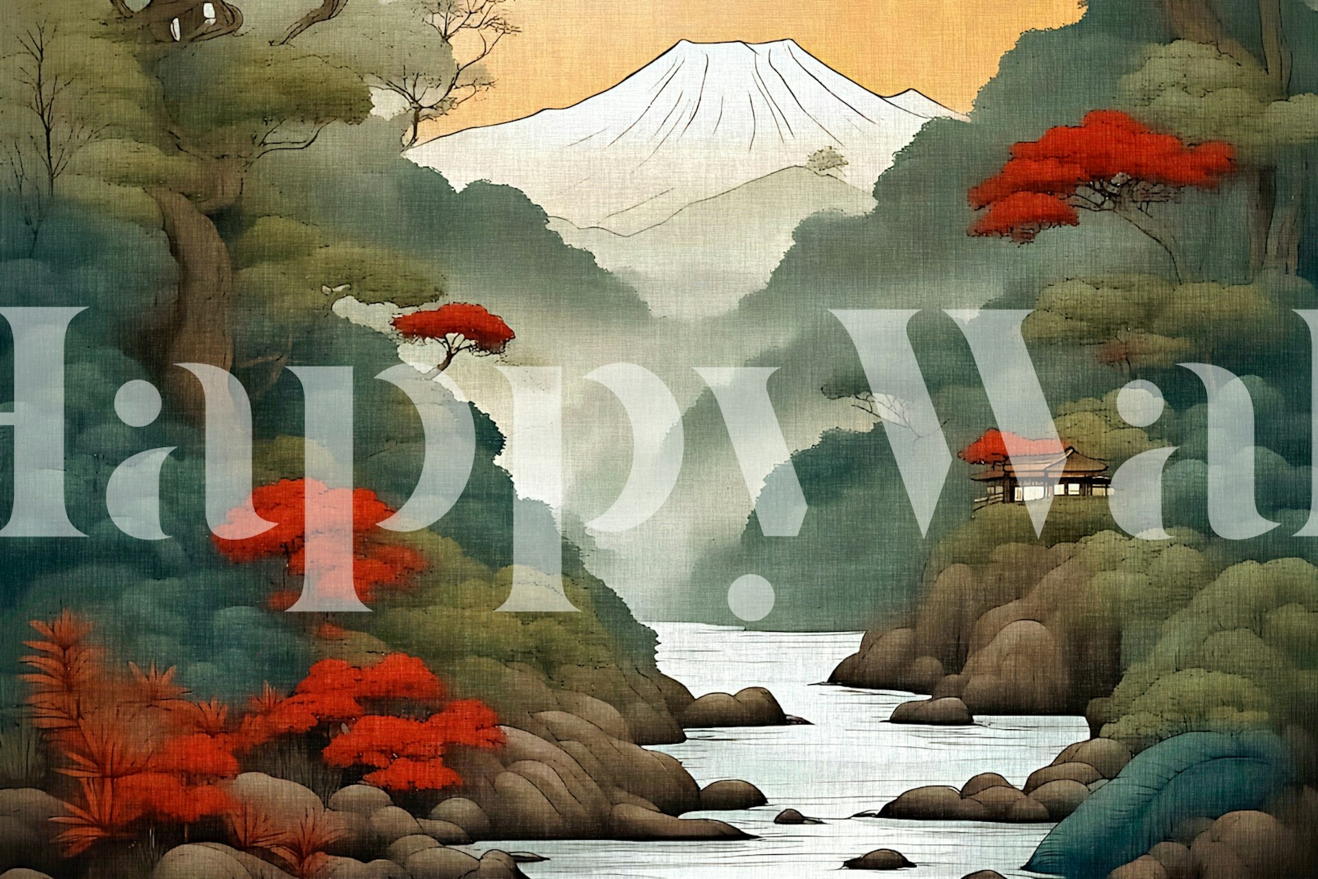 Tradicionalni japanski pejzažni zidni mural s planinom Fuji, crvenim javorovim lišćem i mirnom rijekom