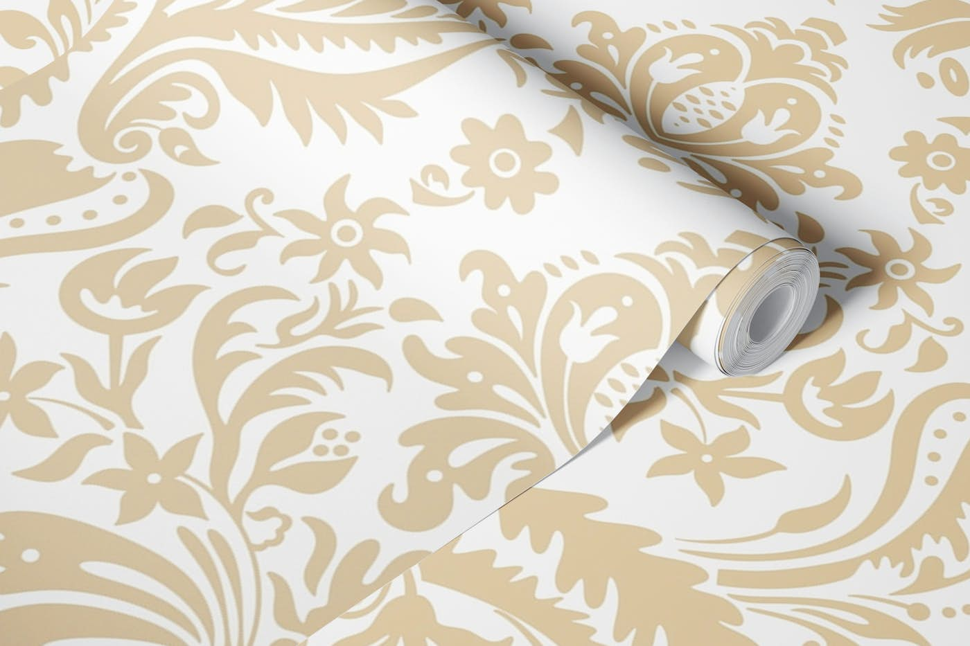 Damask Pattern 1 Beige on White wallpaper roll