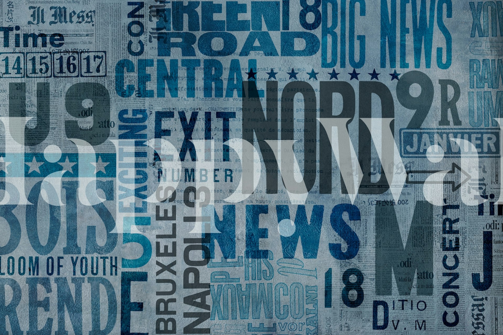 Fototapeta v městském stylu představující směs typografie, slov a znaků v odstínech modré a zelenomodré.