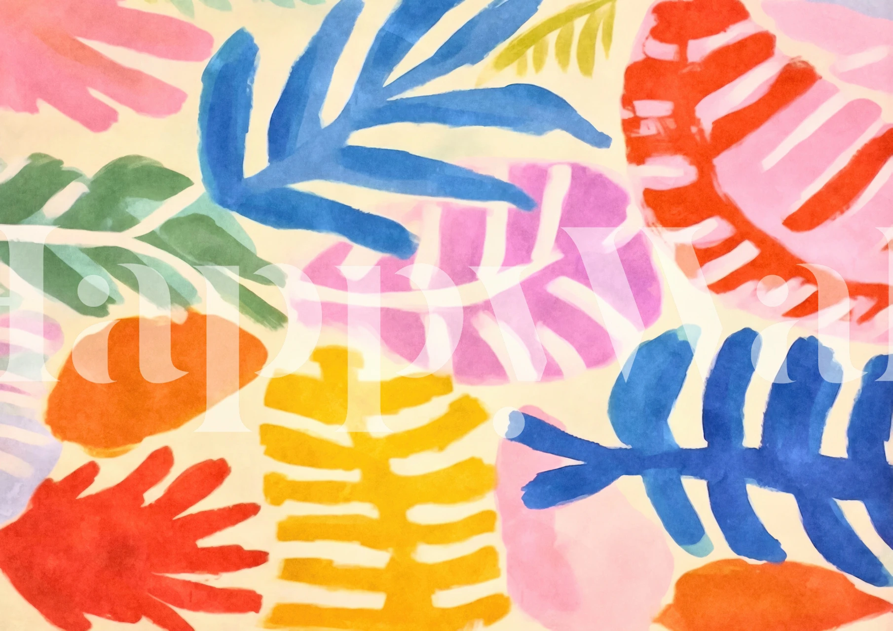 Colorful abstract floral wall mural in the style of Henri Matisse, with playful cut-out designs