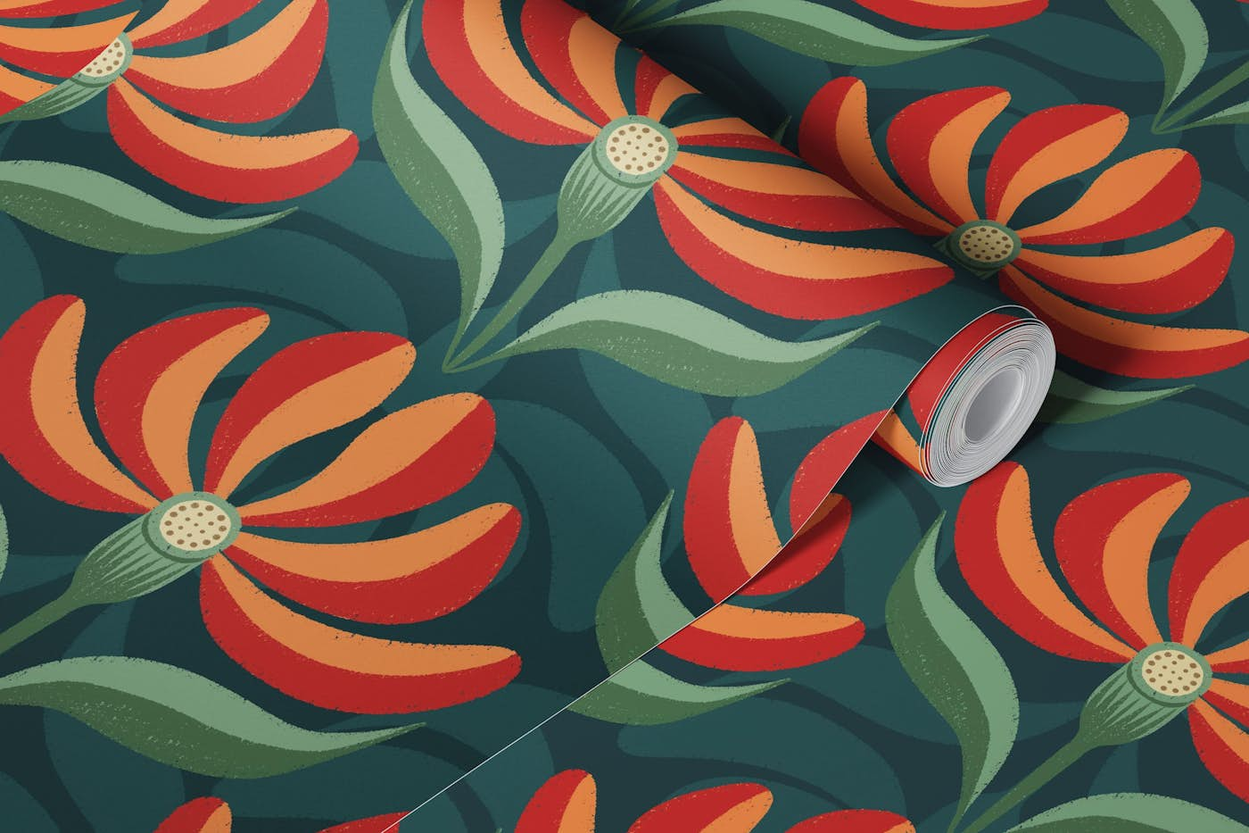 Retro Geometric Floral Teal Green Red Orange wallpaper roll