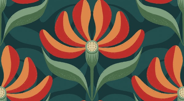Retro Geometric Floral Teal Green Red Orange