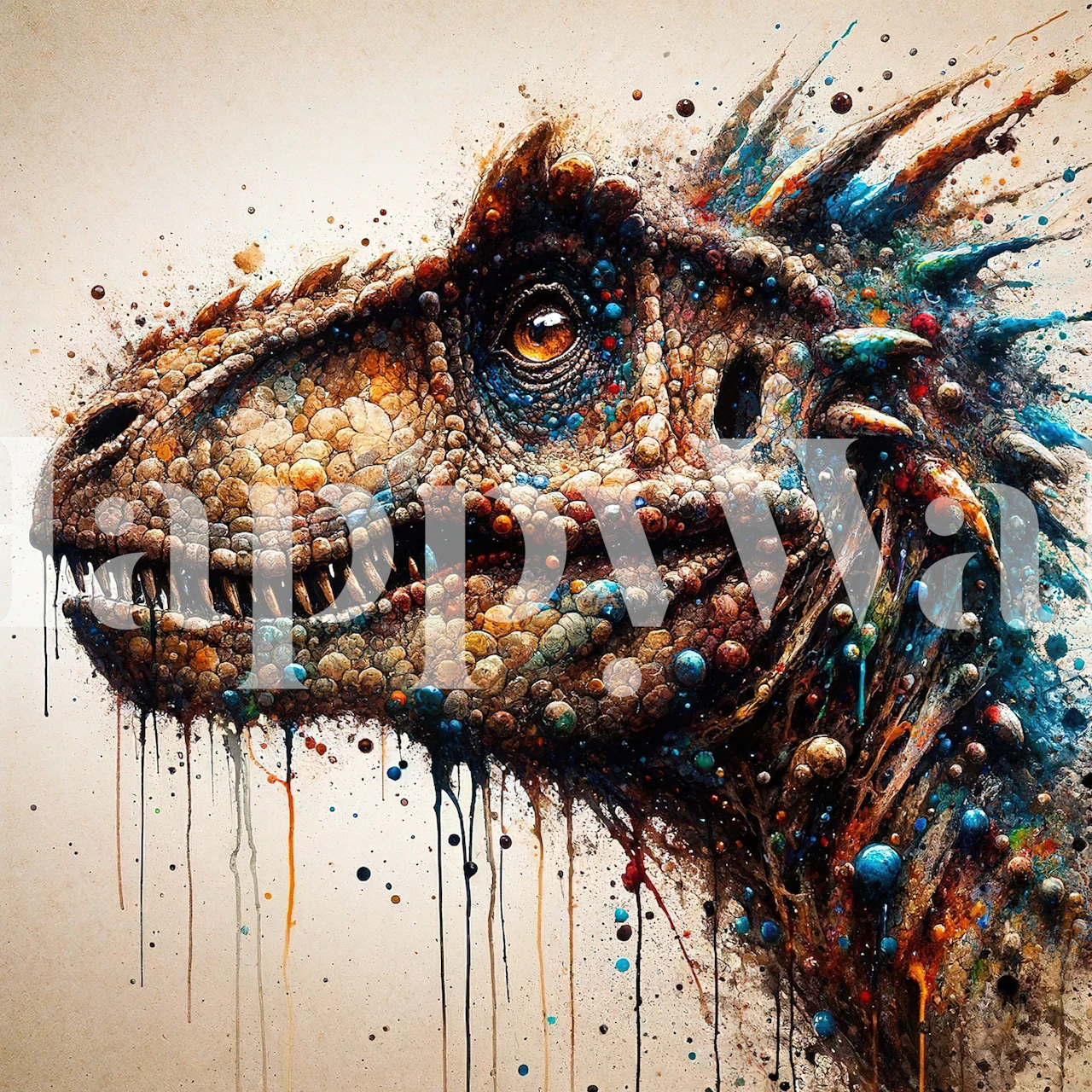 Dinosaur head with colorful splashes and textures wallpaper