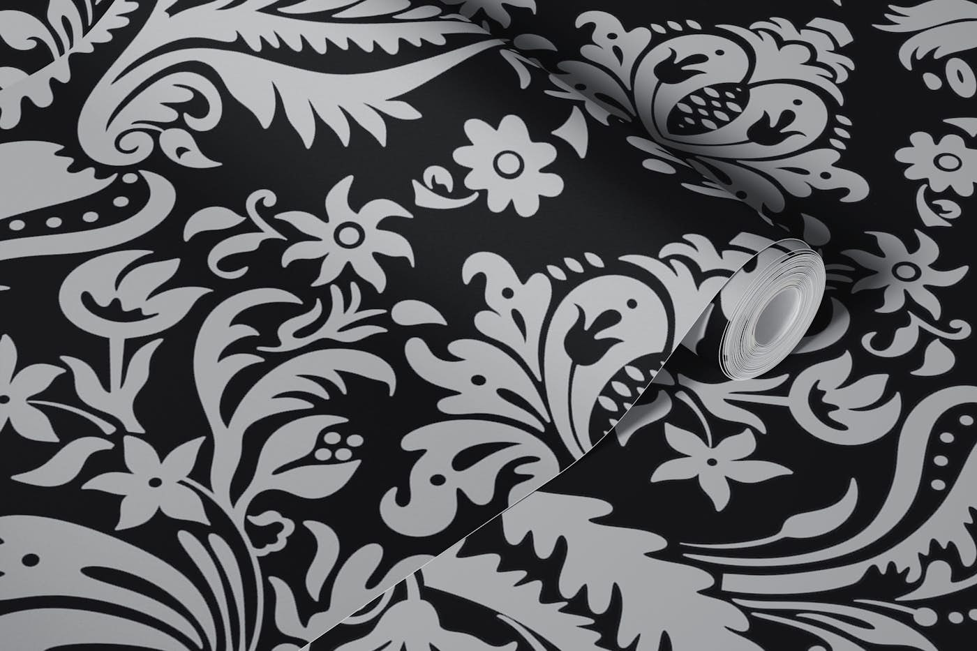 Damask Pattern 1 Grey and Black wallpaper roll