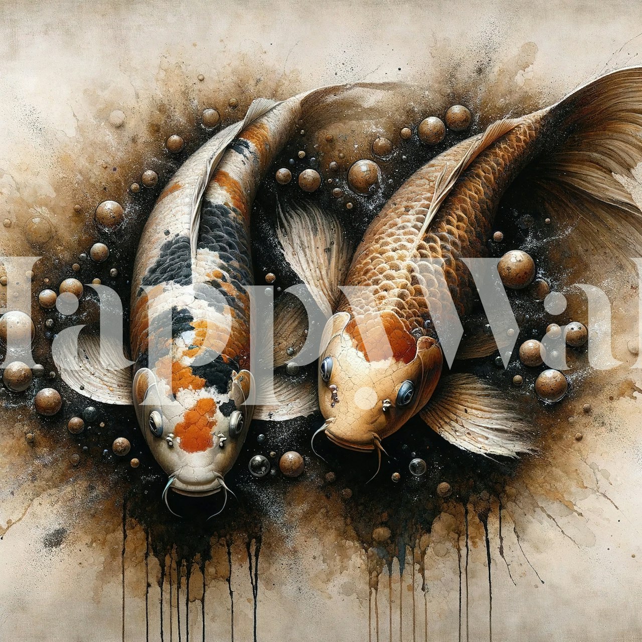 Koi fish wall mural with vibrant colors and artistic backdrop