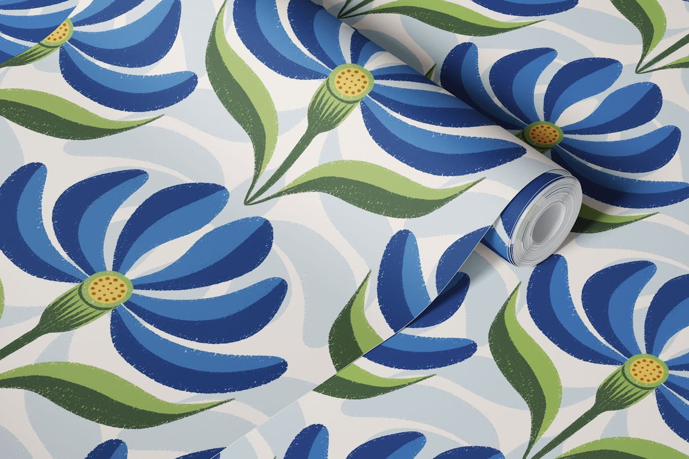 Retro Geometric Floral Royal Blue Green Ivory wallpaper roll