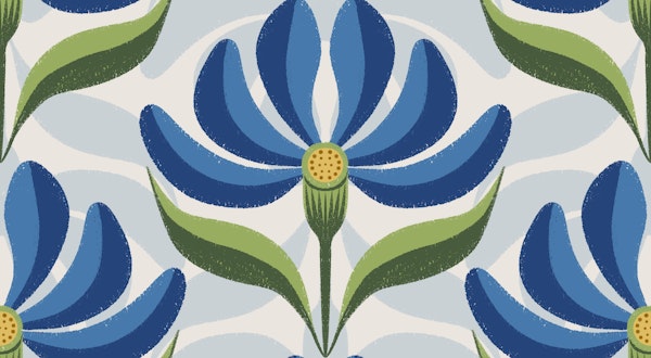 Retro Geometric Floral Royal Blue Green Ivory